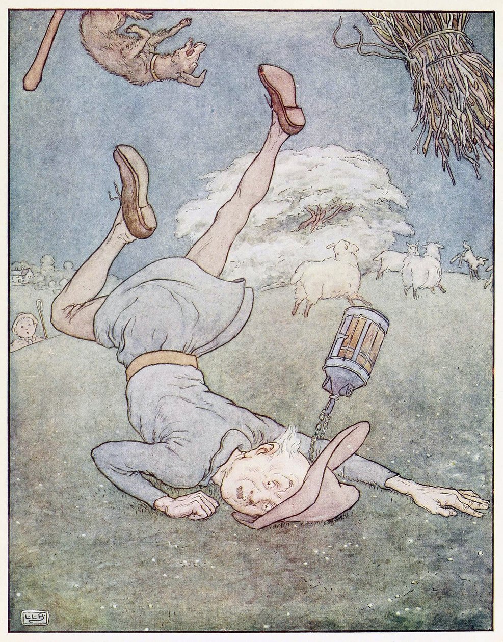 月亮上的人滚下来了，出自《童谣图画书》，出版。1914年（彩色平版印刷）。 作者 伦纳德·莱斯利·布鲁克