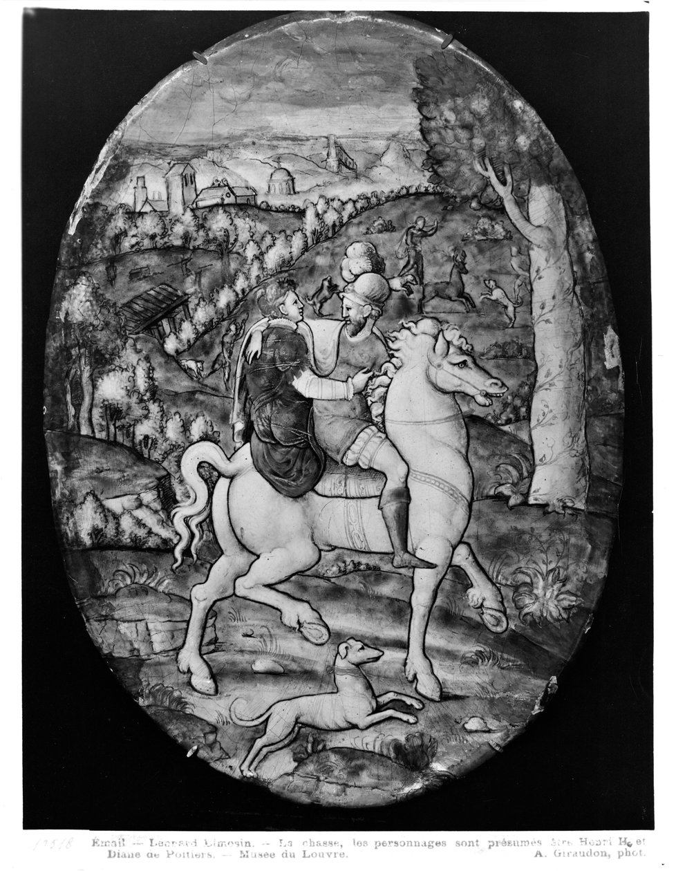 狩猎，肖像被认为是Henri II（1519-59）和Diane de Poitiers（1499-1566）（珐琅） 作者 伦纳德·利莫辛