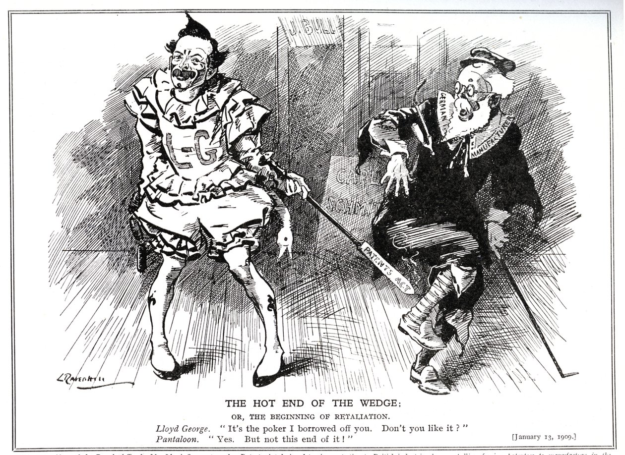 Lloyd George，作为贸易委员会主席，通过1907年的“专利和外观设计法”保护英国工业免受德国竞争，1909年 作者 伦纳德·雷文·希尔