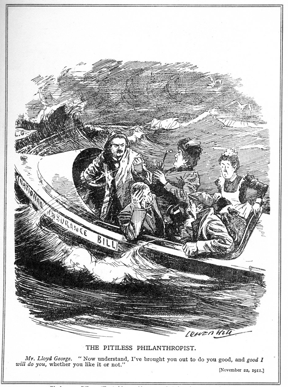 被描述为救生艇水手的劳埃德乔治面临着他的1911年“国民保险法”的反对 作者 伦纳德·雷文·希尔