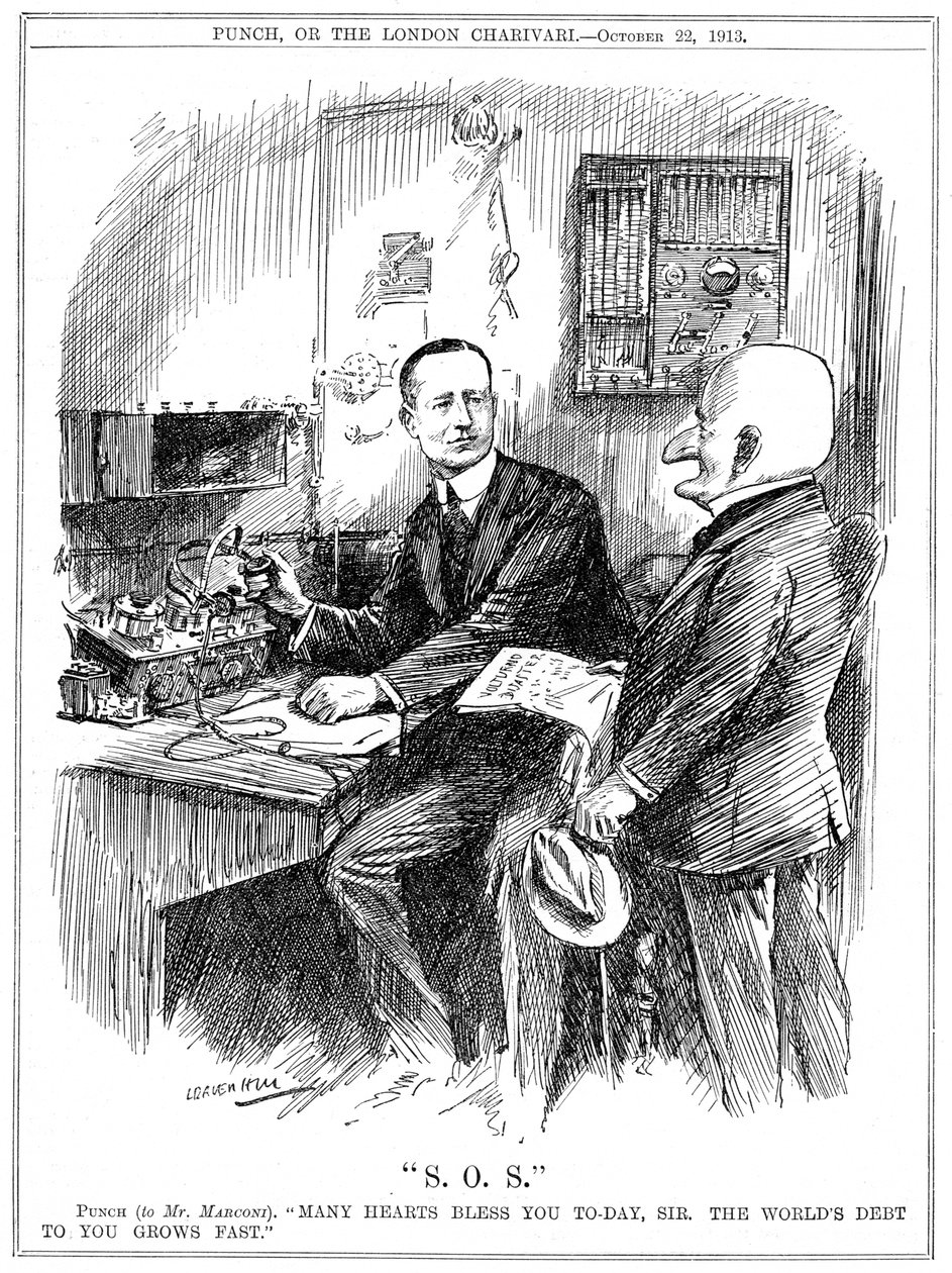 Punch先生感谢Marconi的无线电报在1913年拯救了海上生命 作者 伦纳德·雷文·希尔