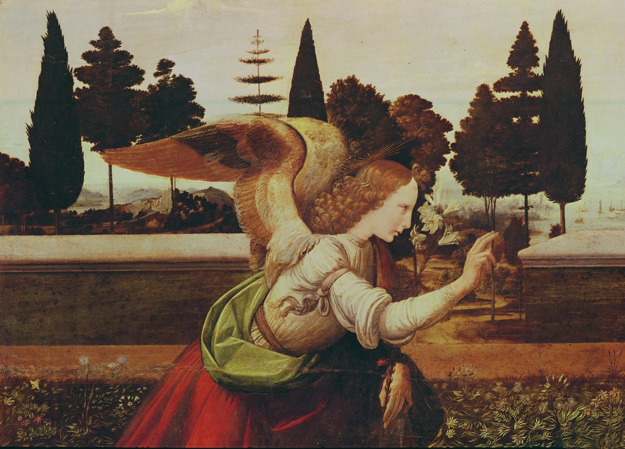 Angel Gabriel，来自天使报喜的细节，1472-75（细节140570） 作者 达芬奇（Leonardo da Vinci）