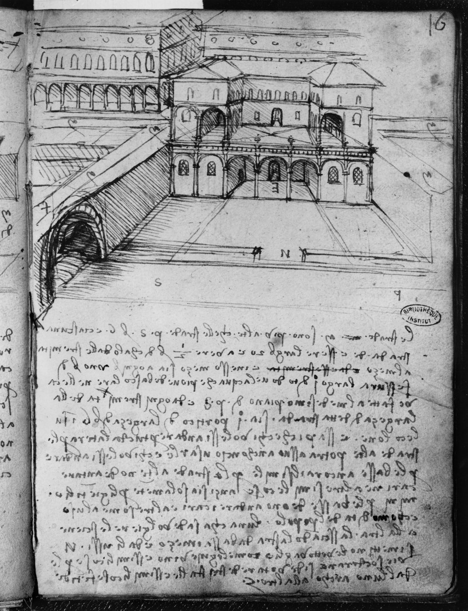 “理想之城”的建筑素描，照片16（正面）来自巴黎手稿B，1488-90（笔墨在纸上） 作者 达芬奇（Leonardo da Vinci）