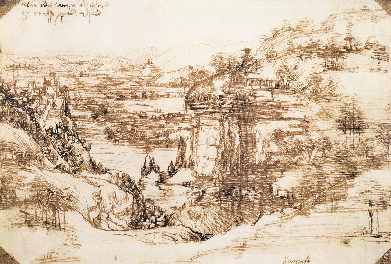 阿诺景观，1473年8月5日（笔墨水在纸上） 作者 达芬奇（Leonardo da Vinci）