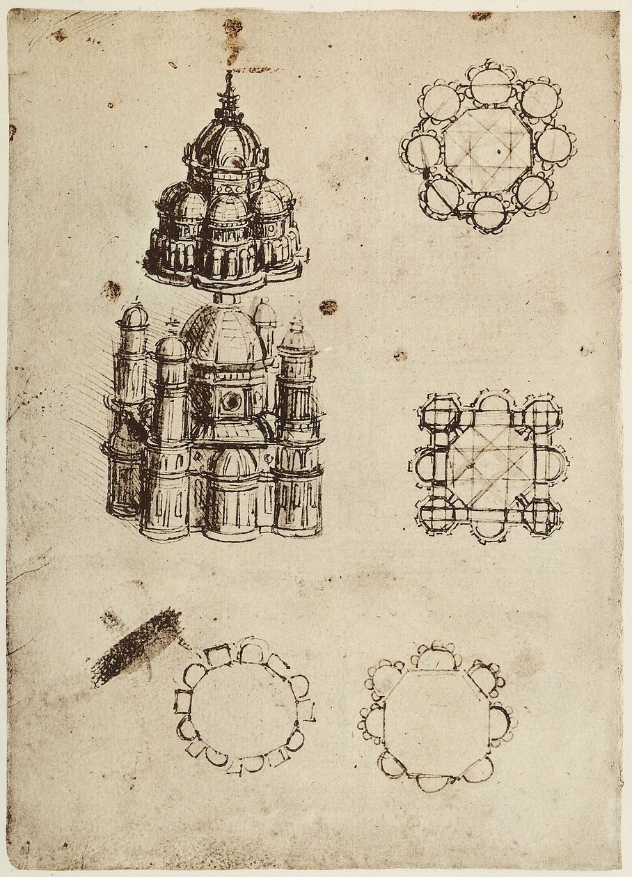 由Leonardo da Vinci绘制的中央规划建筑，法典B（2173）的一部分，c.25v，位于法国巴黎研究所 作者 达芬奇（Leonardo da Vinci）