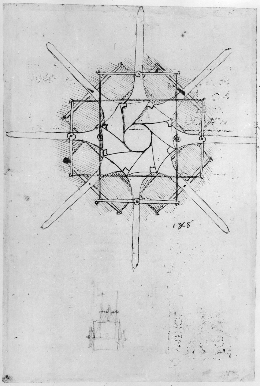 设计折叠式绞盘手柄，Fol。 376v-c（纸笔上的墨水） 作者 达芬奇（Leonardo da Vinci）