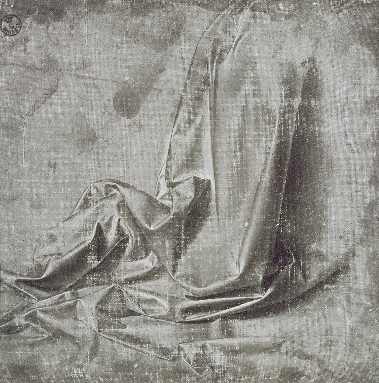 右边是Profil Perdu的跪姿人物的帷幔研究，c.1472-75（刷子和灰色蛋彩画，白色在画布上） 作者 达芬奇（Leonardo da Vinci）