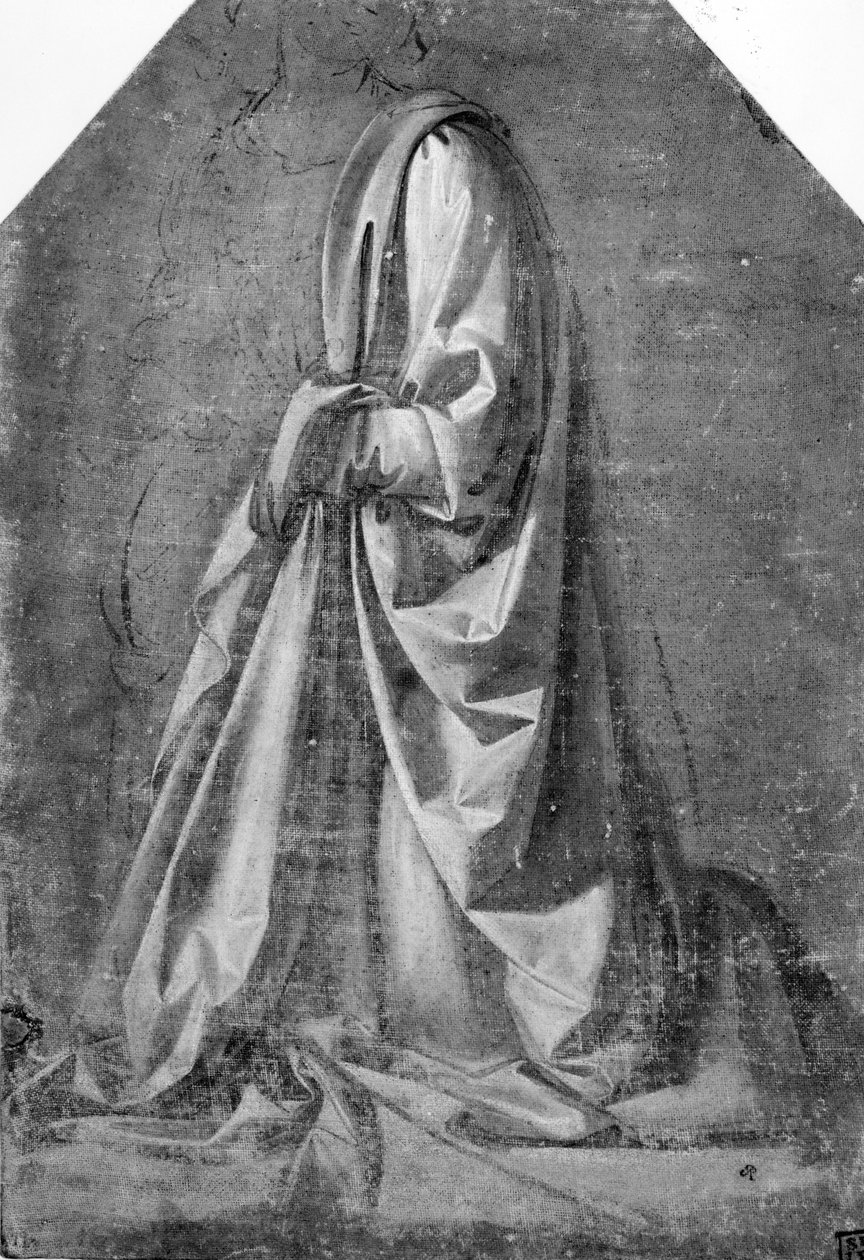 在左边的四分之三剖面中看到跪姿的帷幔研究，c.1475（画布上有白色加高的蛋彩画） 作者 达芬奇（Leonardo da Vinci）