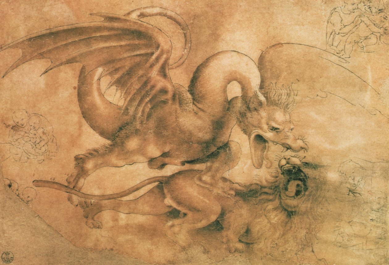 龙与狮之间的战斗（棕色墨水与纸上洗） 作者 达芬奇（Leonardo da Vinci）
