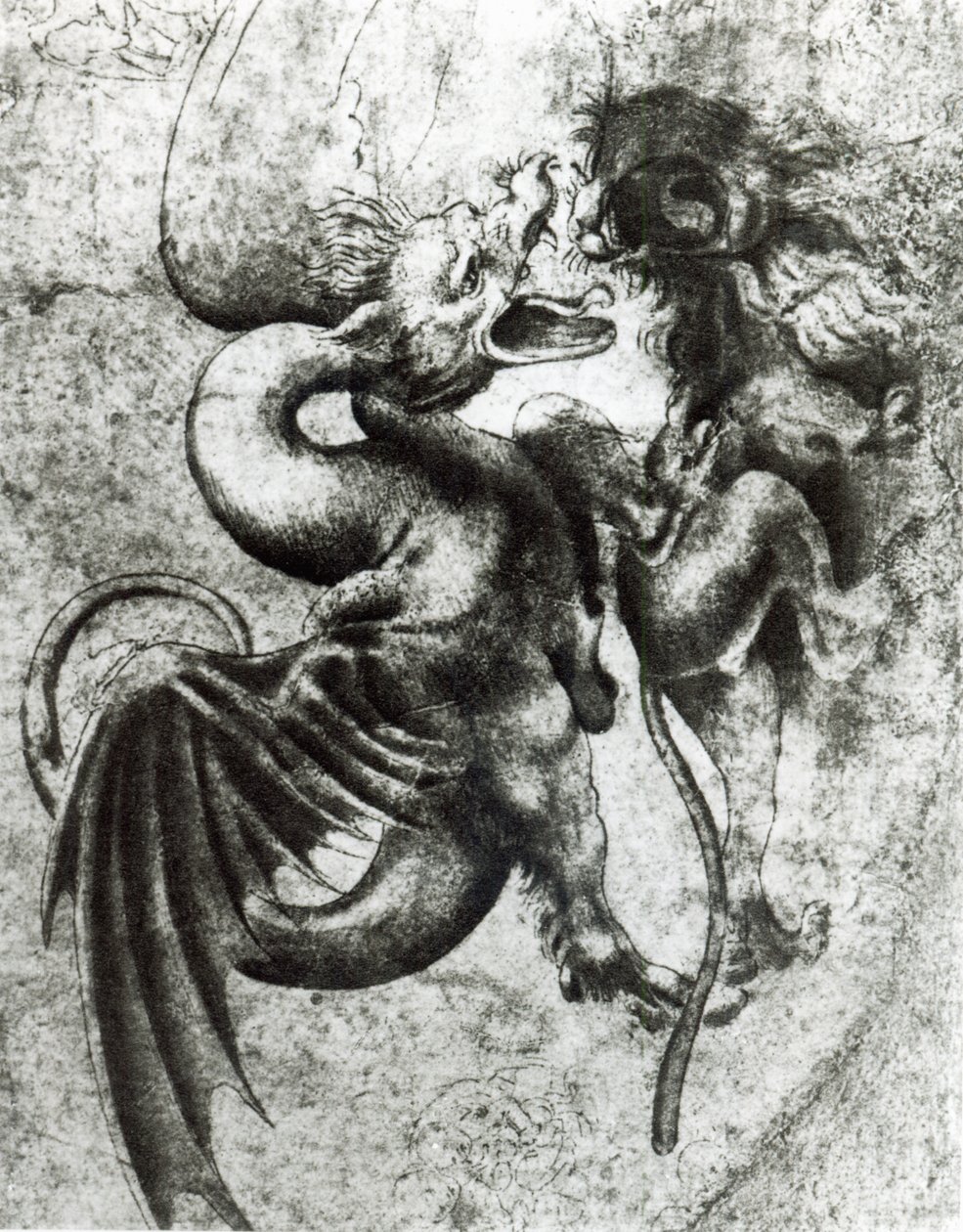 龙与狮之间的战斗（棕色墨水与纸上洗） 作者 达芬奇（Leonardo da Vinci）