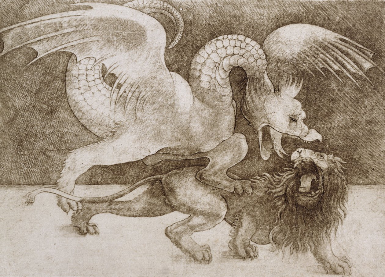 龙与狮之间的战斗（纸上的钢笔和墨水）（打印） 作者 达芬奇（Leonardo da Vinci）