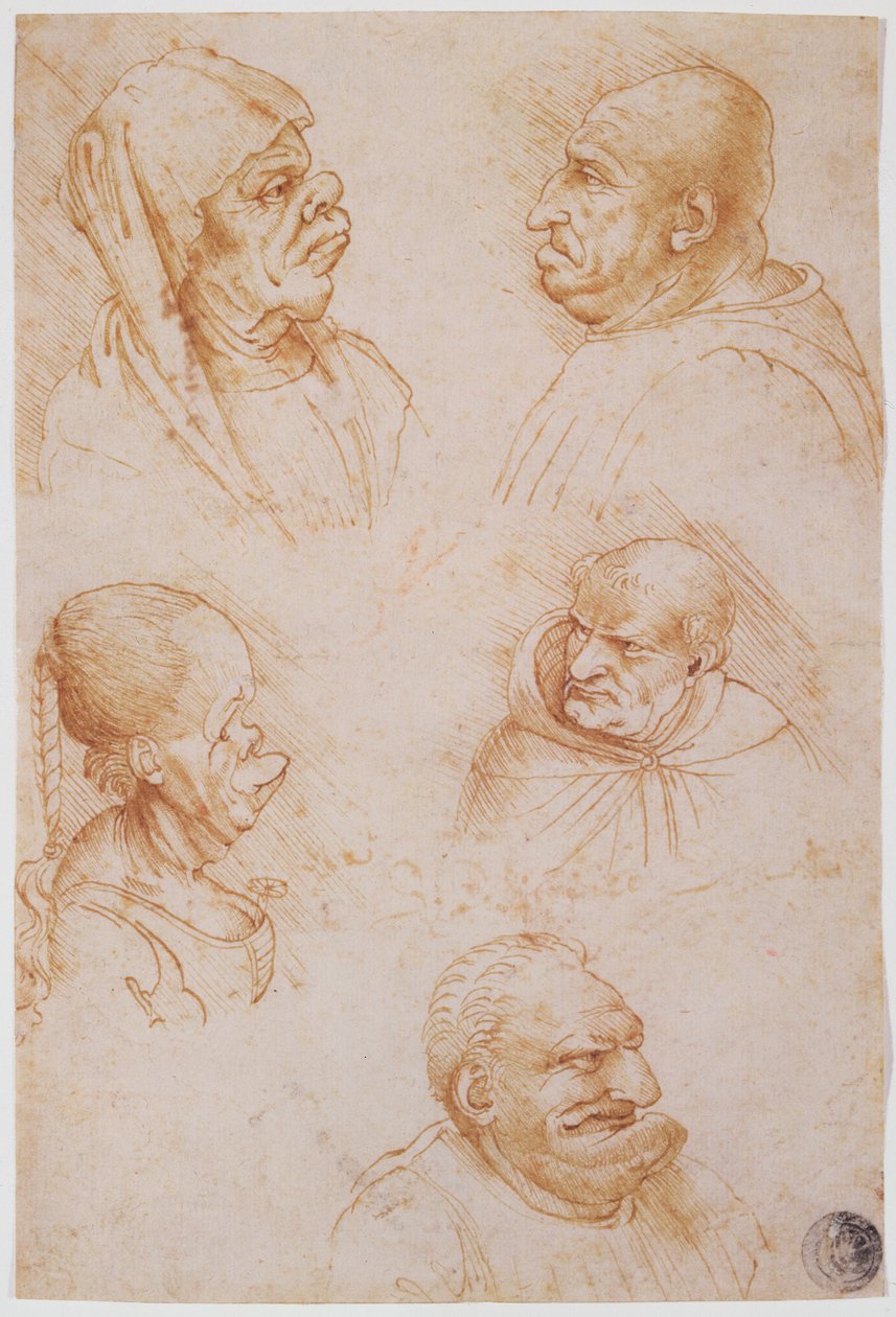 怪诞面孔的五项研究（纸上的红色粉笔） 作者 达芬奇（Leonardo da Vinci）