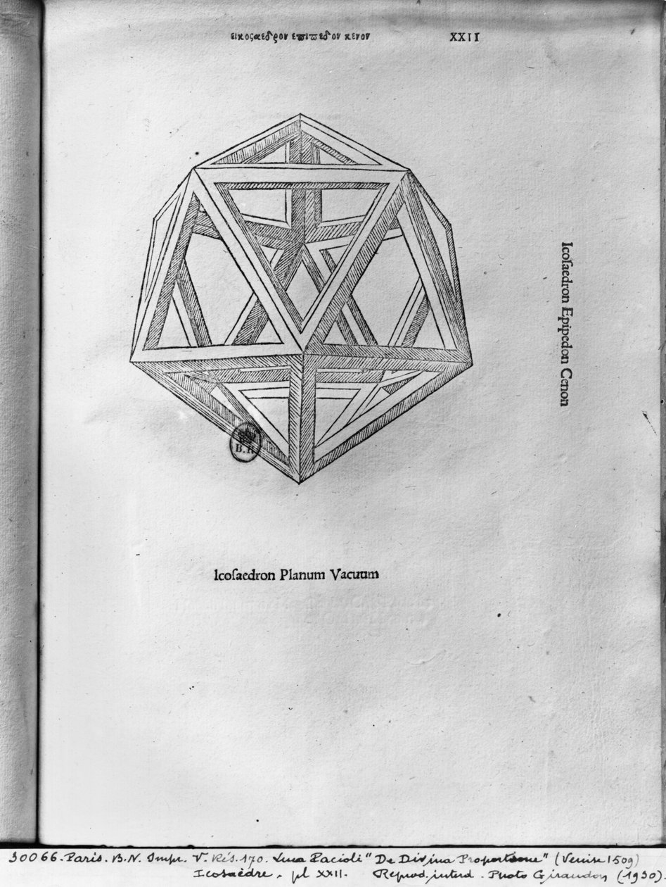 Icosahedron，来自Luca Pacioli的&39;De Divina Proportione&39;，1509年出版，威尼斯 作者 达芬奇（Leonardo da Vinci）