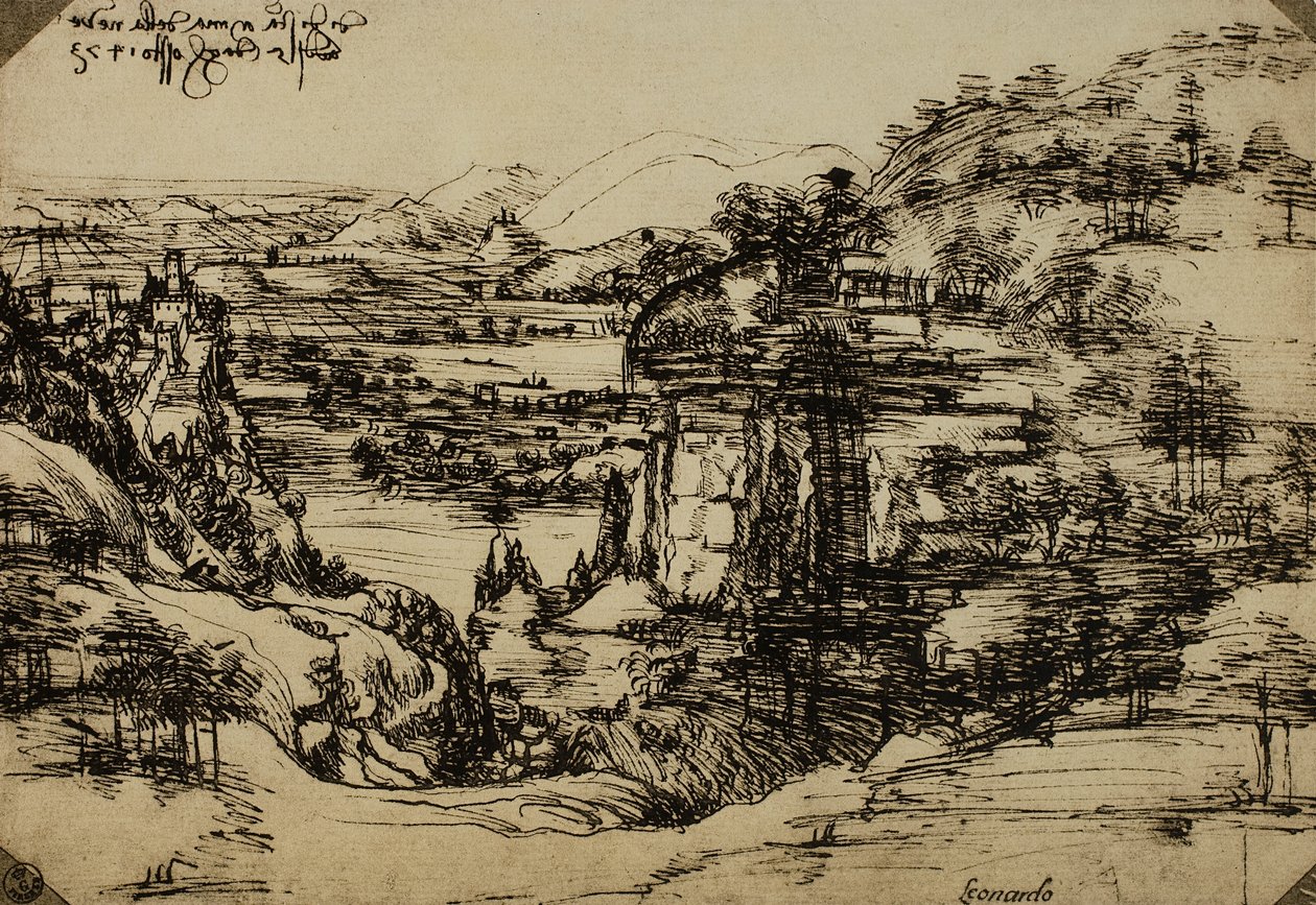 亚诺河谷的风景，笔在纸上，列奥纳多达芬奇（1452-1519），图纸和印刷品，乌菲齐画廊，佛罗伦萨 作者 达芬奇（Leonardo da Vinci）