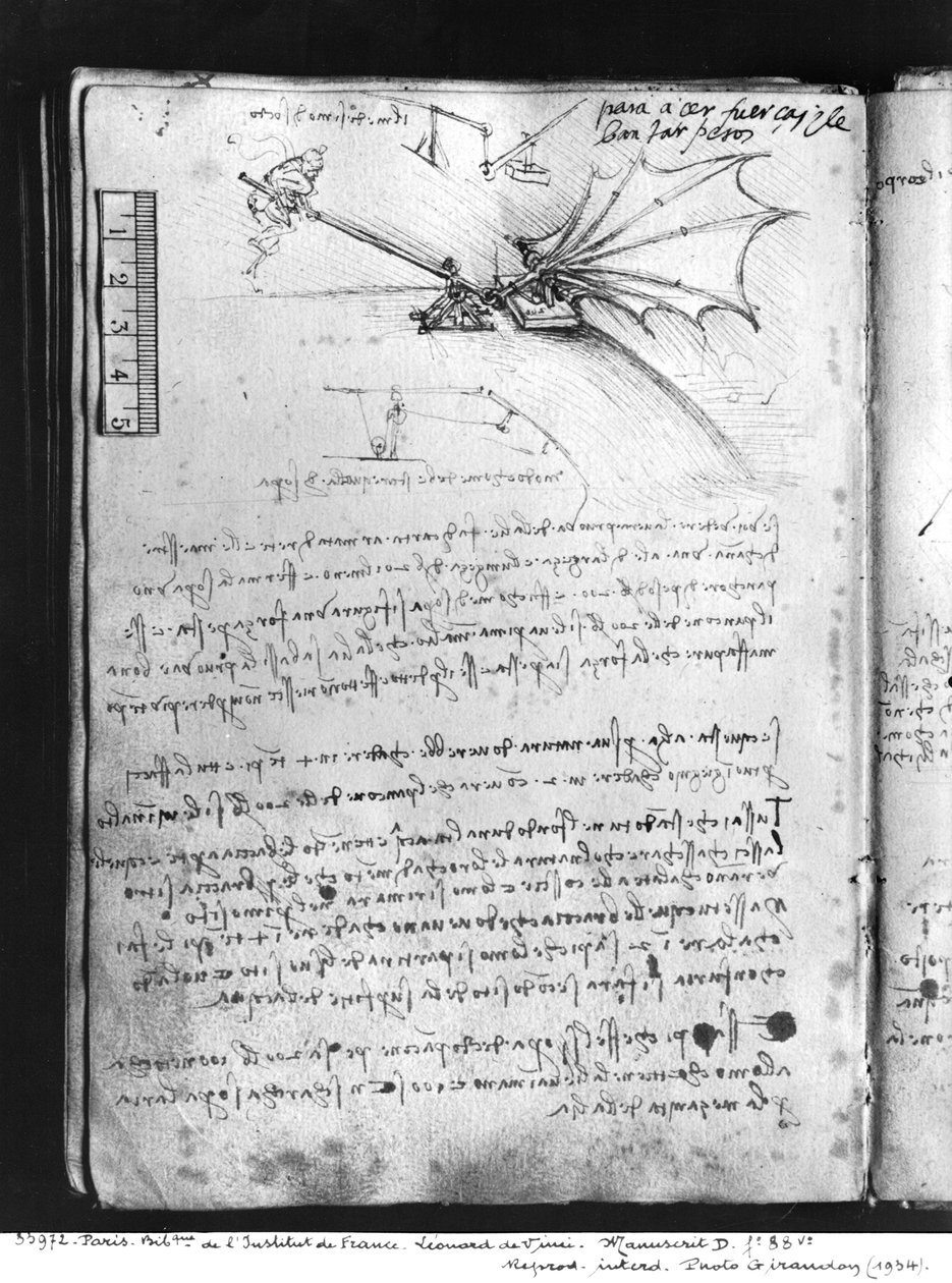 MS B fol.88v测试机翼的承载能力，1487-90（笔和纸上的墨水） 作者 达芬奇（Leonardo da Vinci）