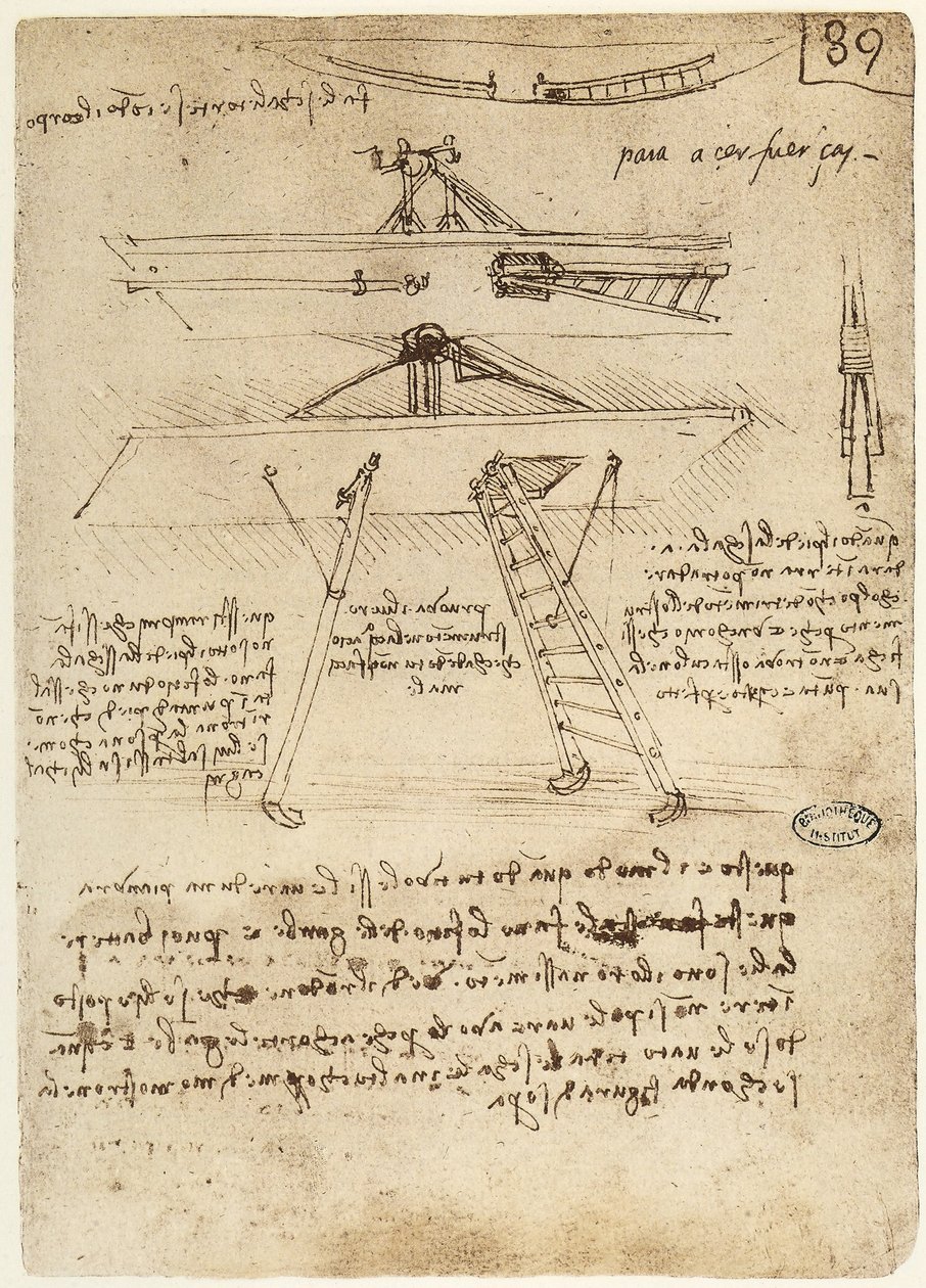 女士B fol.89r飞行机器的起飞和起落架，1487-90 作者 达芬奇（Leonardo da Vinci）