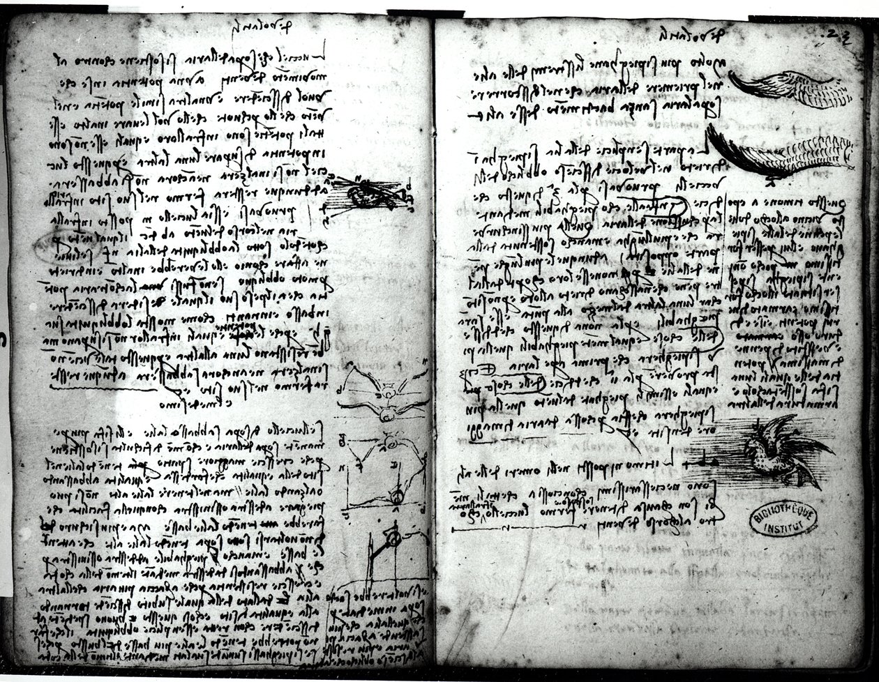 Paris Manuscript E，fol。 22v和23r：鸟类飞行的草图，1513-14 作者 达芬奇（Leonardo da Vinci）