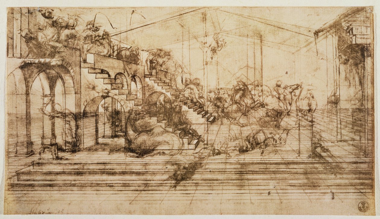 “魔法师的崇拜”背景透视研究（纸笔墨水） 作者 达芬奇（Leonardo da Vinci）