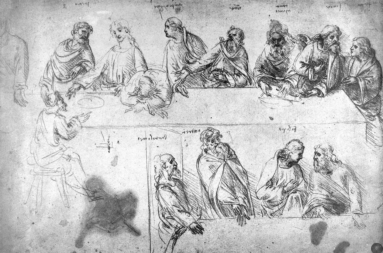 最后的晚餐（亚麻纸上的棕褐色墨水）的准备图纸 作者 达芬奇（Leonardo da Vinci）