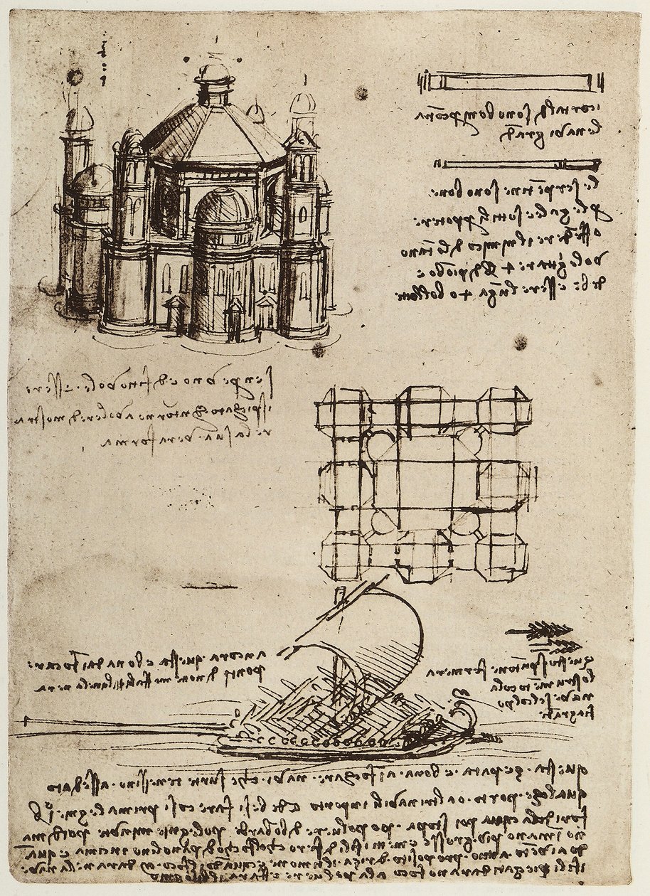 一个建在中心轴上的教堂和一艘带桨和帆的船的项目，由Leonardo da Vinci绘制，是法典B（2173）的一部分，c.39v，位于法国巴黎研究所 作者 达芬奇（Leonardo da Vinci）