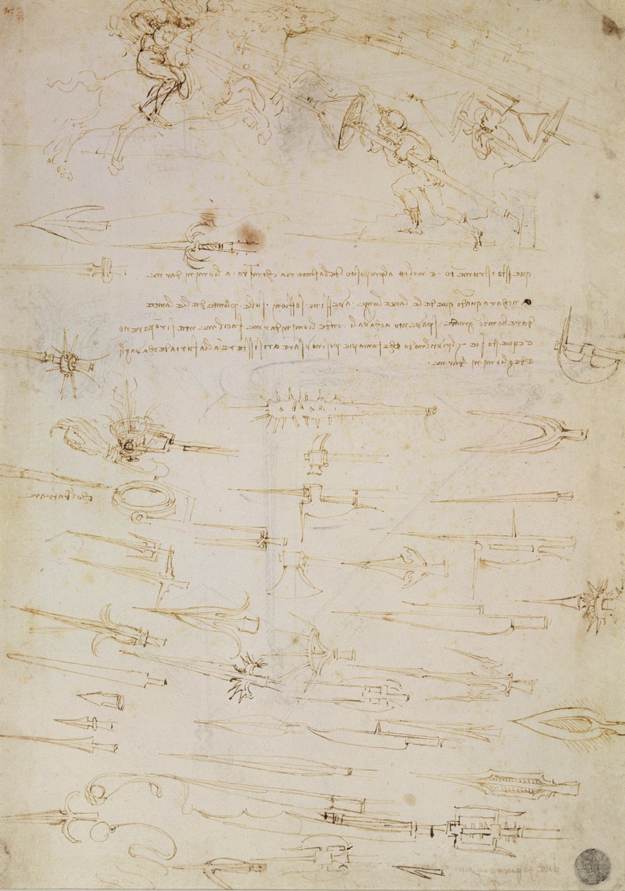 战斗中的步兵和骑兵的研究表，以及1485-1488（钢笔墨水在纸上） 作者 达芬奇（Leonardo da Vinci）
