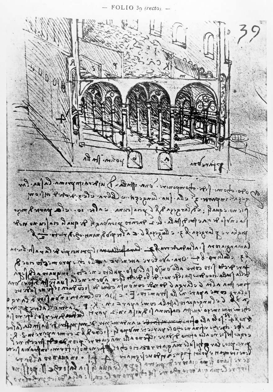 研究稳定物，Folio 39r，来自Paris Manuscript B 2173,1487-90 作者 达芬奇（Leonardo da Vinci）