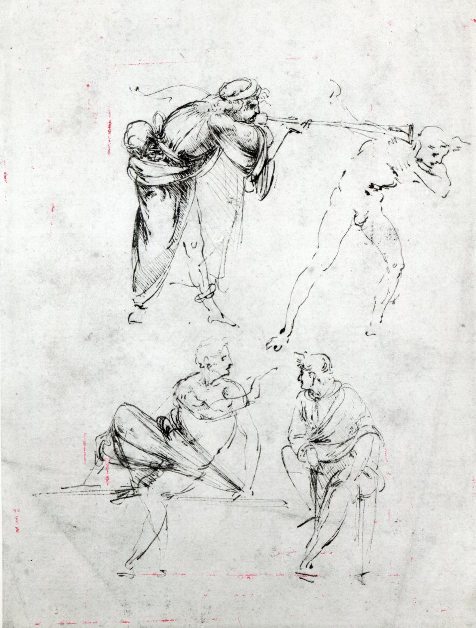 研究一个男人在另一个人的耳边吹喇叭，两个人在谈话中，c.1480-82（笔和墨水在纸上） 作者 达芬奇（Leonardo da Vinci）