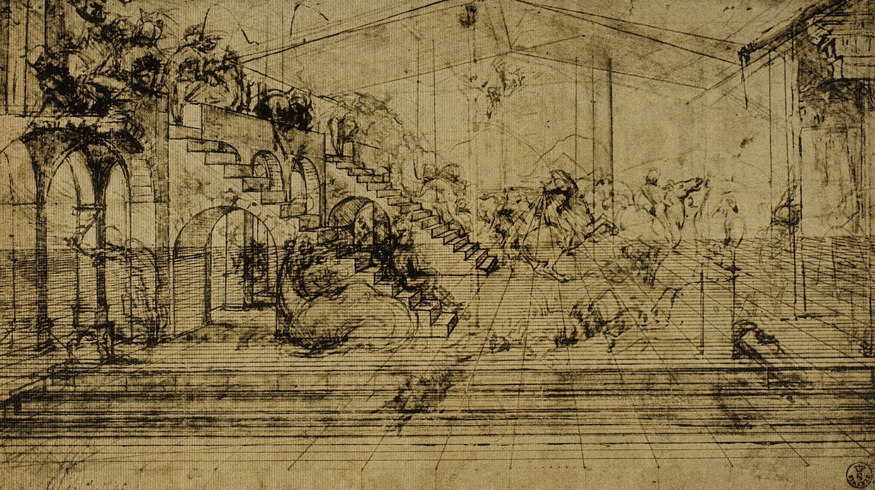 莱昂纳多达芬奇画的透视研究。内阁图纸和版画，乌菲齐画廊，佛罗伦萨 作者 达芬奇（Leonardo da Vinci）
