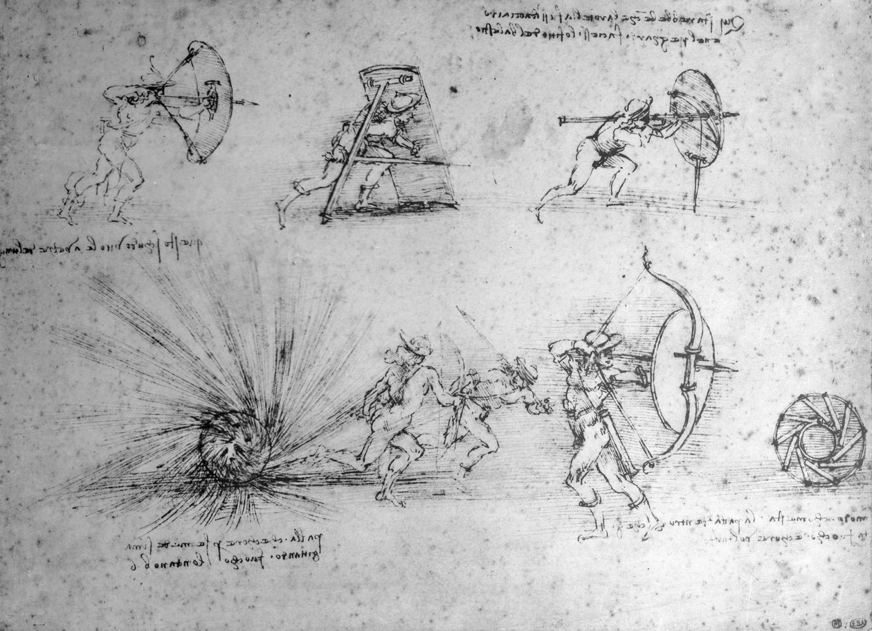 用盾牌为士兵和爆炸炸弹研究，c.1485-88（笔和纸上的墨水） 作者 达芬奇（Leonardo da Vinci）