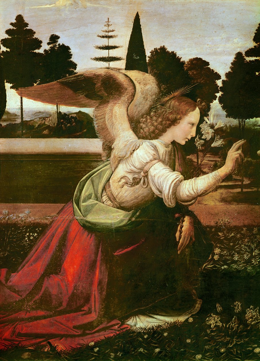 天使的报喜细节，c.1472-75在木头的油 作者 达芬奇（Leonardo da Vinci）