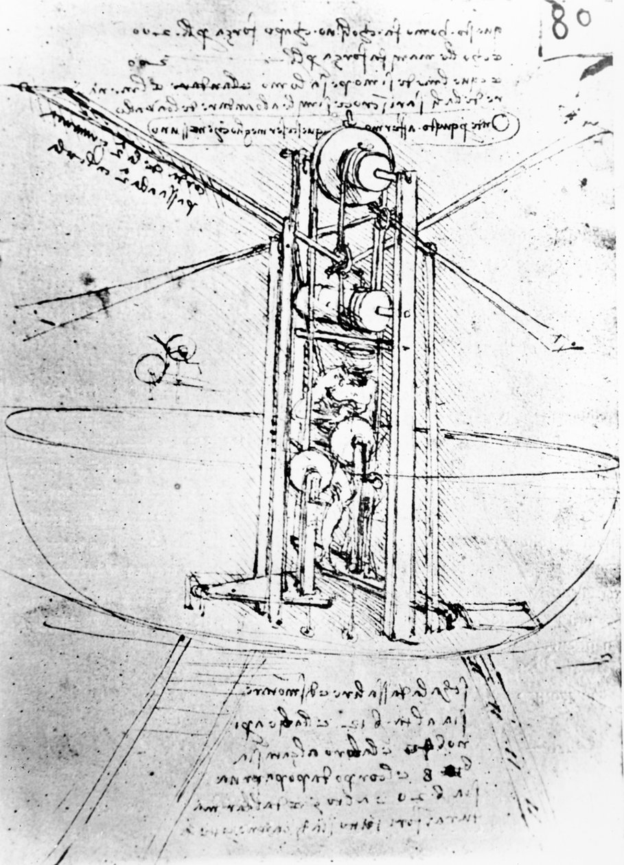 垂直站立的鸟翼飞行器，跟随。 80r来自巴黎手稿B，1488-90（纸笔墨水） 作者 达芬奇（Leonardo da Vinci）