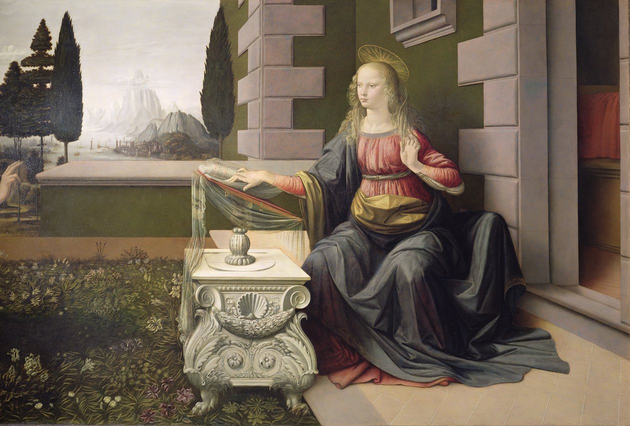 圣母玛利亚，来自报喜，1472-75（详情）（修复后） 作者 达芬奇（Leonardo da Vinci）