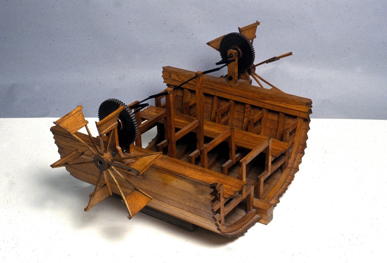 轮式推进船。模型来自达芬奇（Leonardo da Vinci）的图纸。科学技术博物馆，米兰。 作者 达芬奇（后）芬奇
