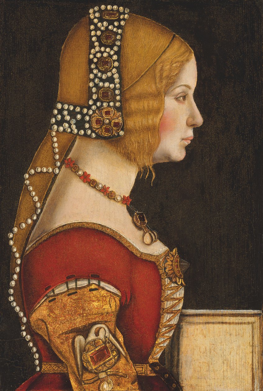 米兰公爵夫人阿拉贡的伊莎贝拉肖像（1470-1524 年），半身，右侧侧面（油画） 作者 列奥纳多·达·芬奇的圈子