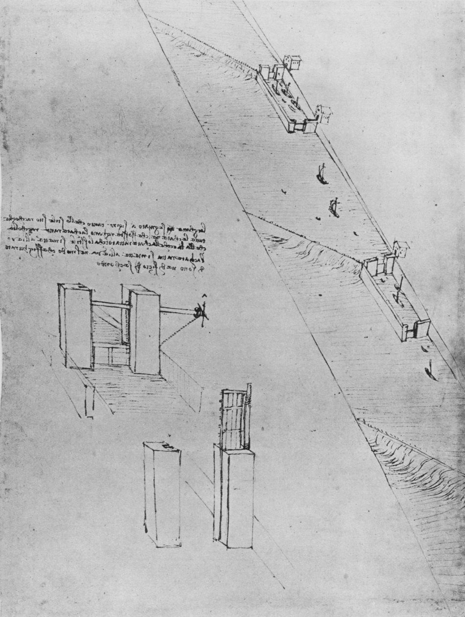 一条带锁和堰的运河，c1480 1945年 作者 达芬奇（Leonardo da Vinci）