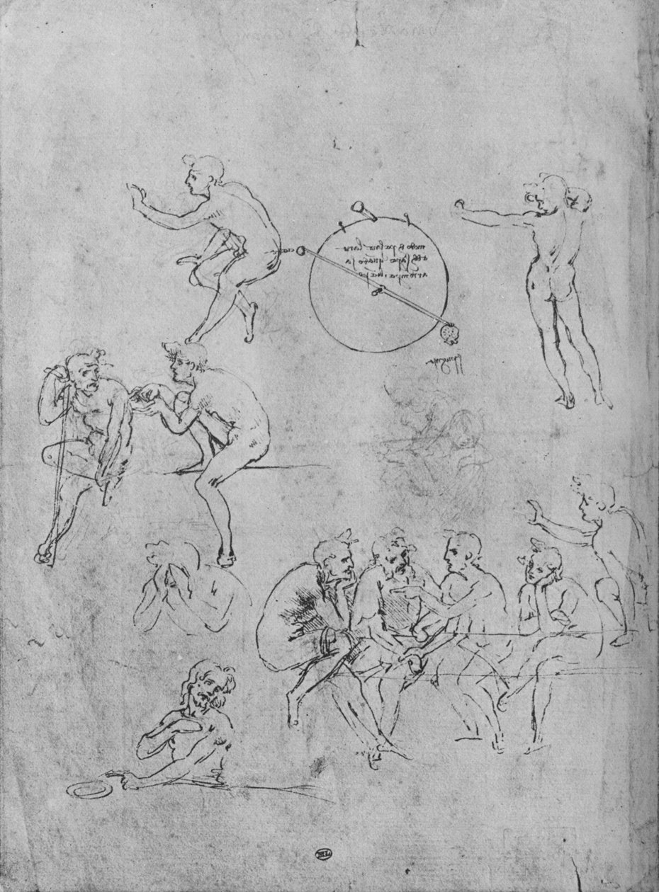一组在桌子上交谈的人物，两个在交谈中的人物和其他人物，1481-1483年（1945年） 作者 达芬奇（Leonardo da Vinci）