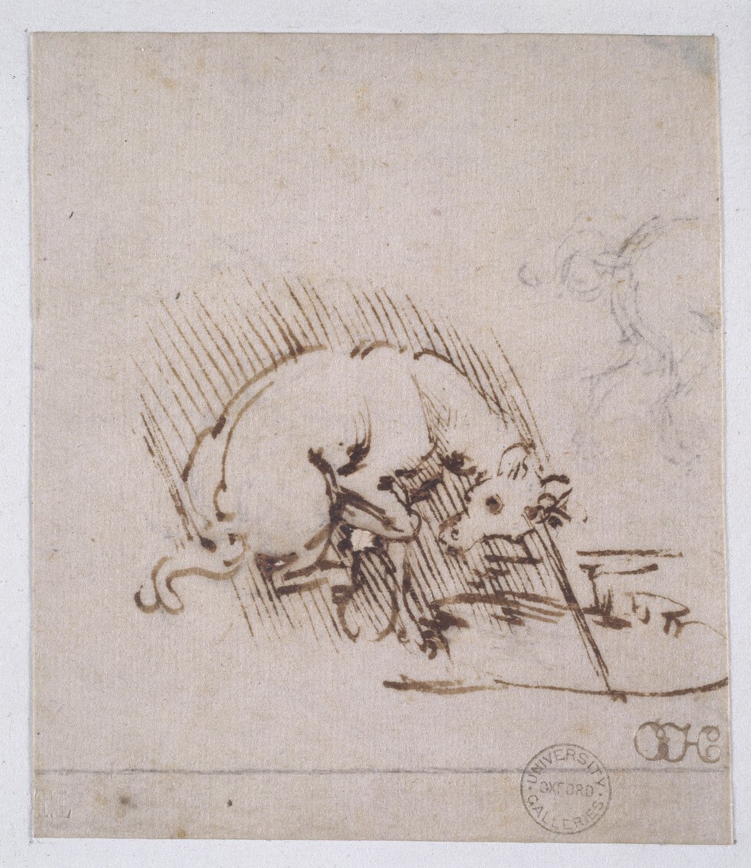一个独角兽将它的角放入一个水池，c.1481（笔和墨水和纸上的金属点） 作者 达芬奇（Leonardo da Vinci）