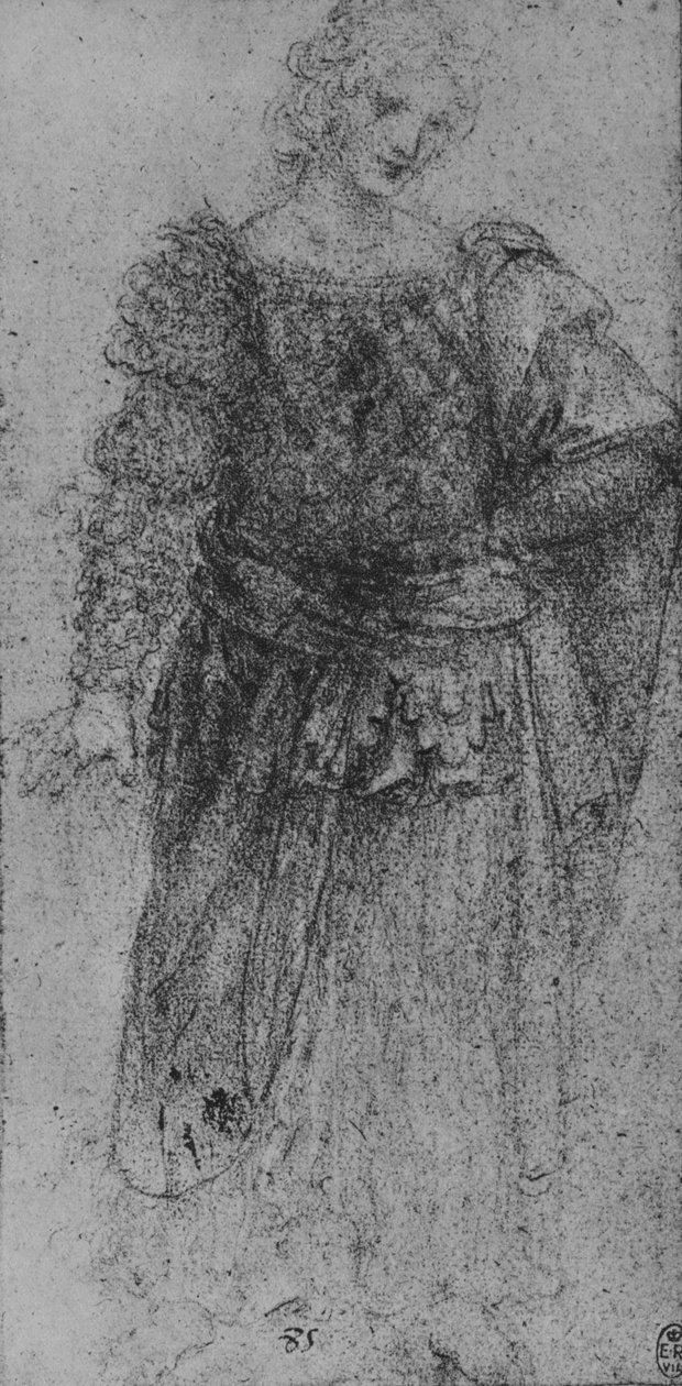 一个女人，上身有打褶的紧身胸衣，左臂上披着斗篷，c1480 1945 作者 达芬奇（Leonardo da Vinci）