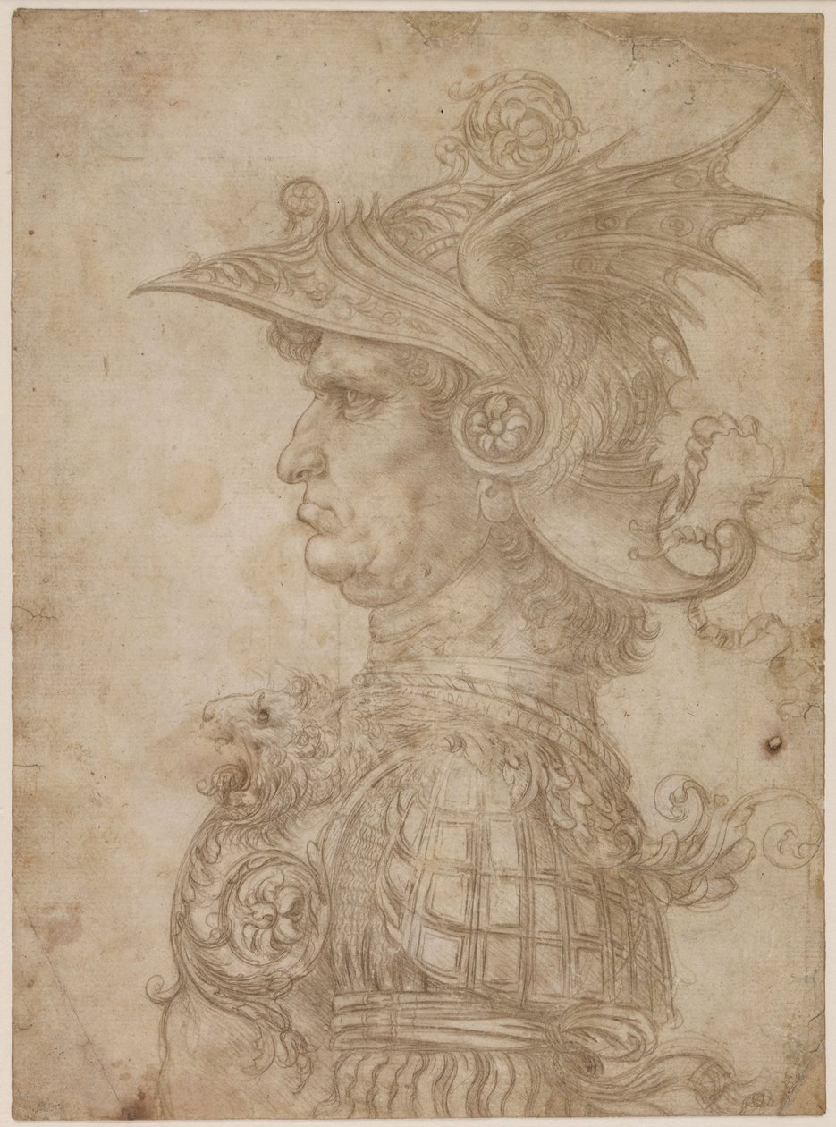 左胸侧面的战士胸像，1475-1480年。 作者 达芬奇（Leonardo da Vinci）