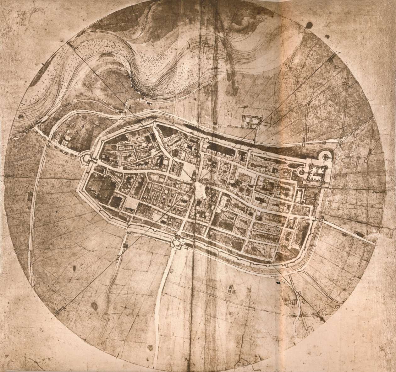代表意大利伊莫拉镇的地图，大约1147年至1515年 作者 达芬奇（Leonardo da Vinci）