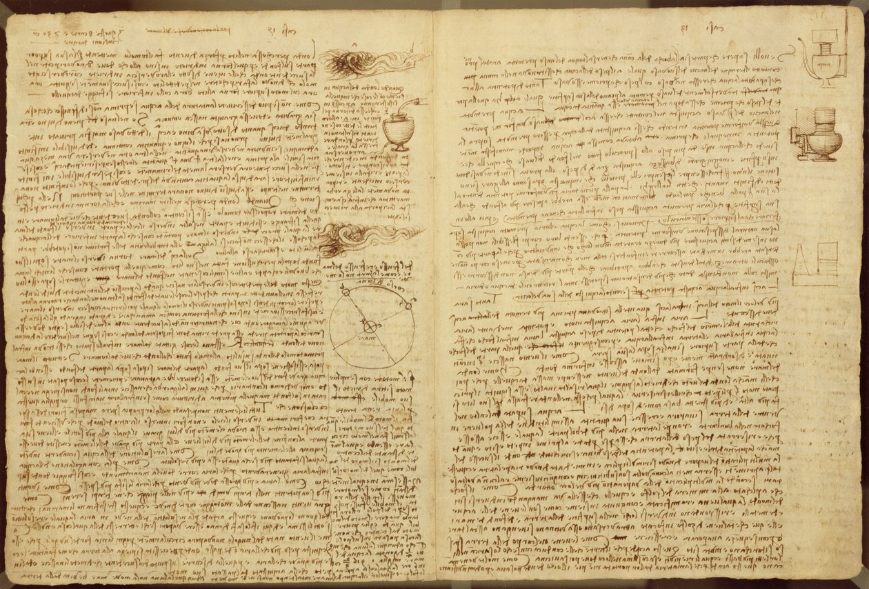 法典莱斯特的一页，1508-12（亚麻纸上的棕褐色墨水） 作者 达芬奇（Leonardo da Vinci）