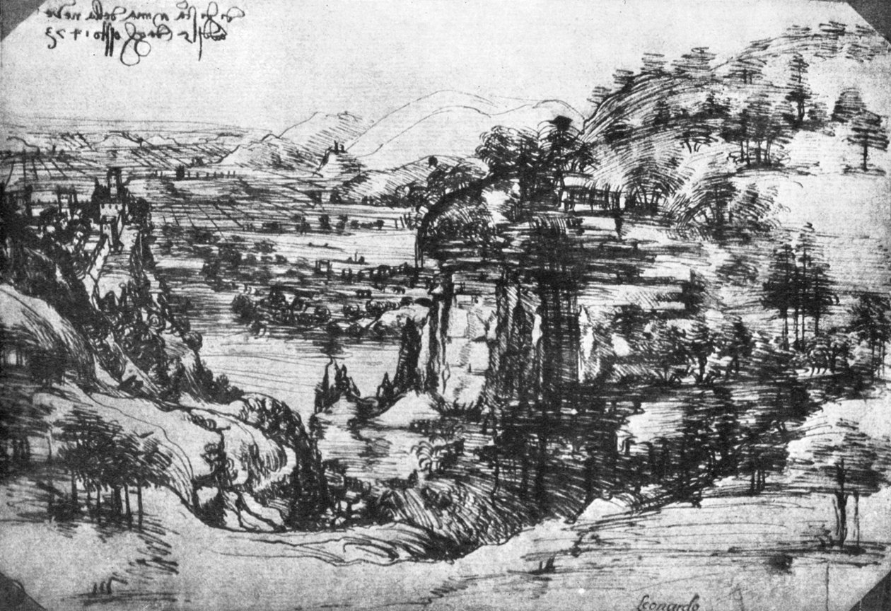 乡村景观草图，19世纪15世纪。 作者 达芬奇（Leonardo da Vinci）