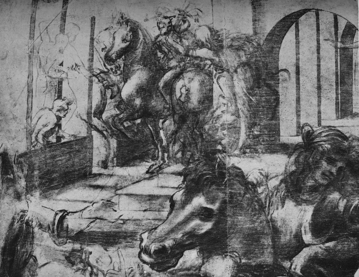 贤士的崇拜-左侧背景中的建筑和人物，c1481 1945 作者 达芬奇（Leonardo da Vinci）