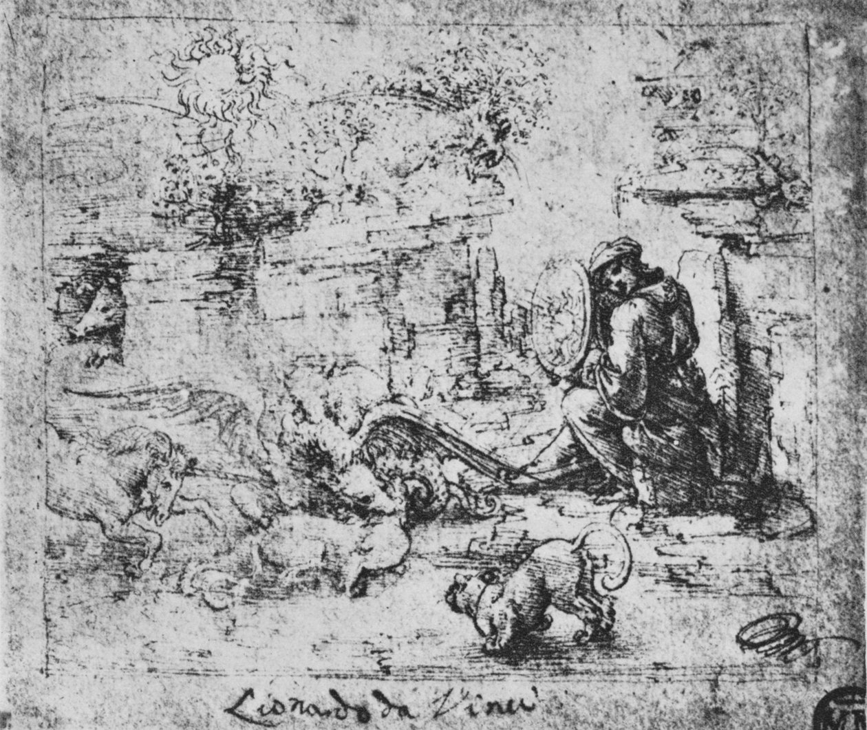 寓言：动物斗争和一个有燃烧玻璃的男人，c1480 1945年 作者 达芬奇（Leonardo da Vinci）