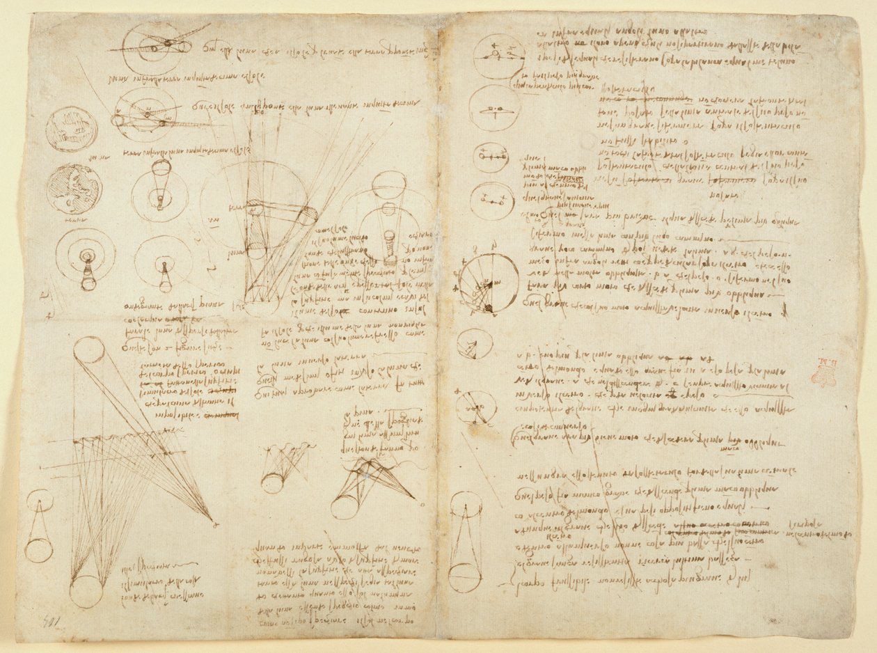Arundel 263 f.107v f.104 关于机械的笔记和图表，选自 "Codex Arundel"，约 1506-8 年（纸上的钢笔和墨水）。 作者 达芬奇（Leonardo da Vinci）