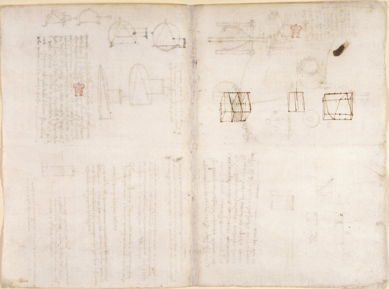 Arundel 263， f.130v， f.133 附有图表的空白页，选自 "Codex Arundel"（纸上钢笔和墨水）。 作者 达芬奇（Leonardo da Vinci）