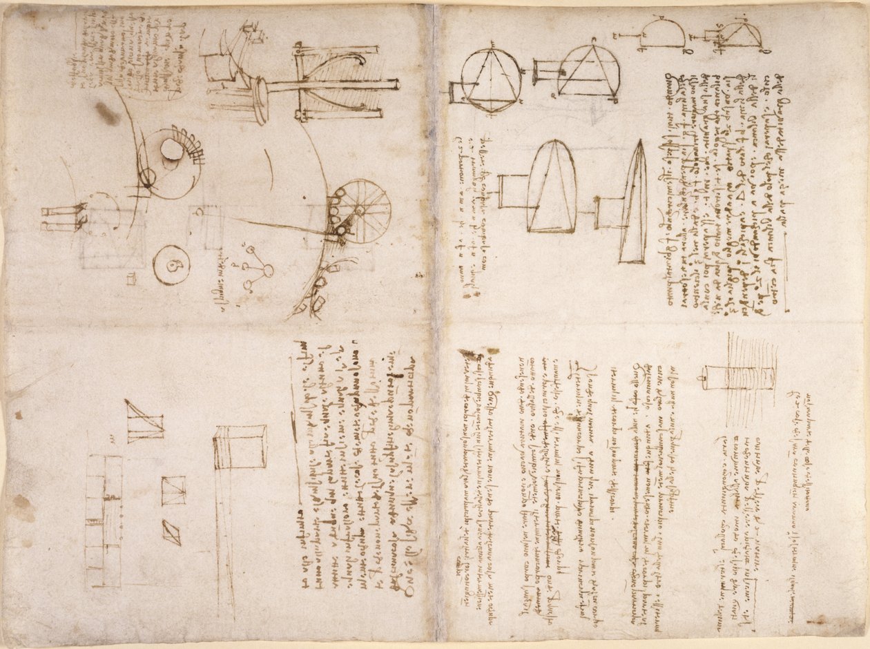 Arundel 263，f.133v，f.130r，"Codex Arundel "中的注释、示意草图和图表（纸张上的钢笔和墨水） 作者 达芬奇（Leonardo da Vinci）