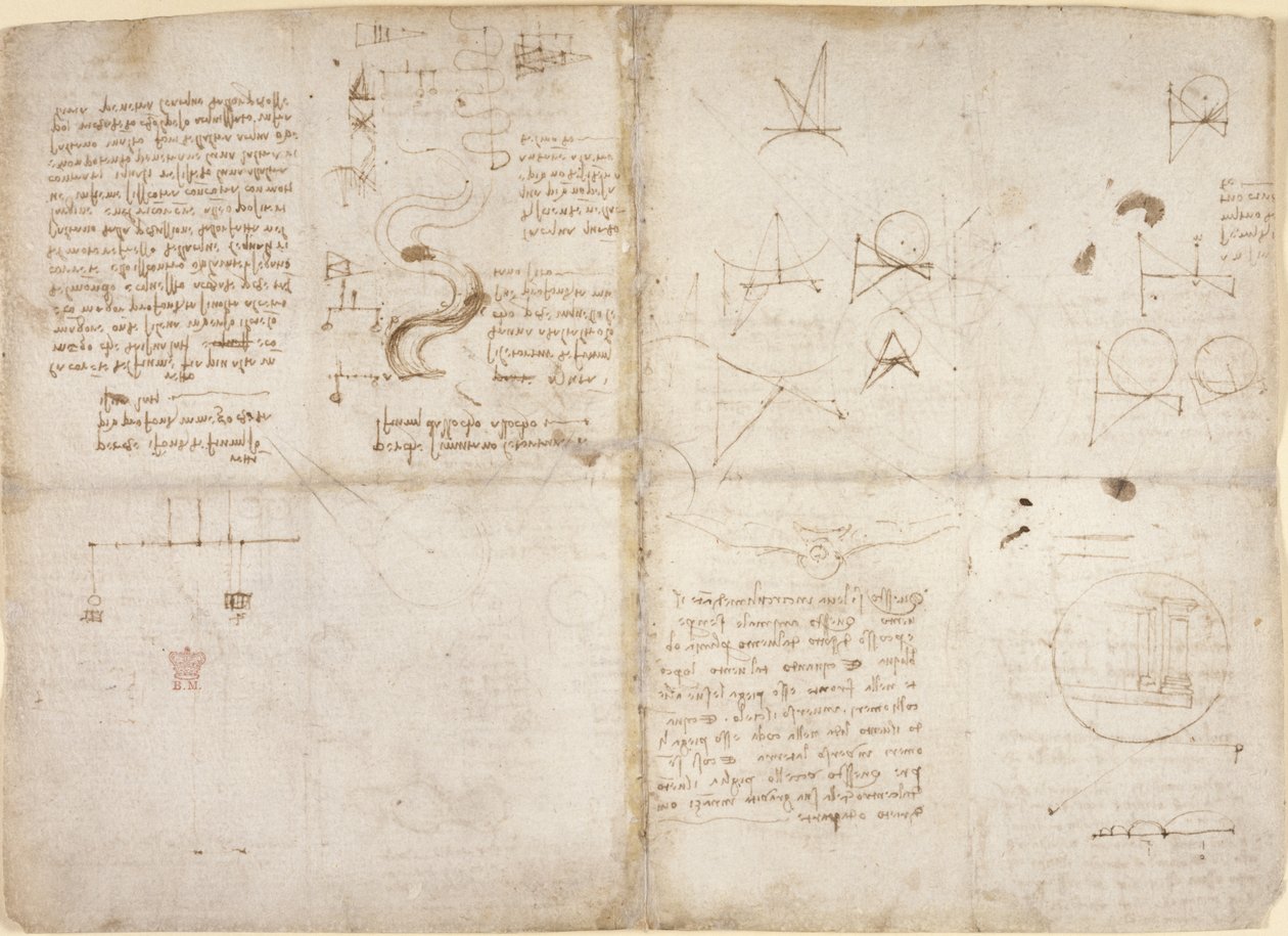 Arundel 263， f.135v， f.134，关于力学的注释和图表；关于河道和水流的注释和示意草图，选自 "Codex Arundel"，约 1503 年（纸上钢笔和墨水）。 作者 达芬奇（Leonardo da Vinci）