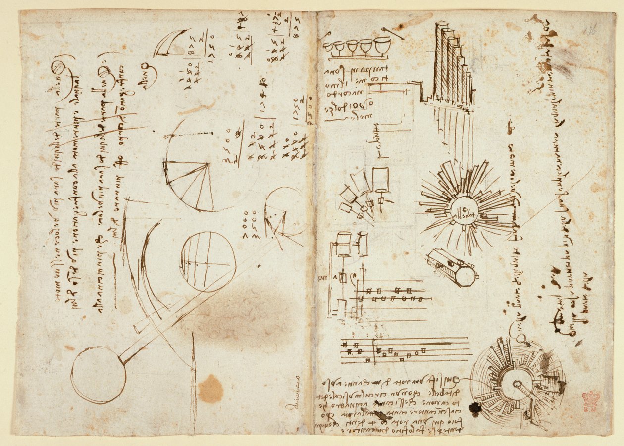Arundel 263 f.137v, f.136 笔记和粗略图表（侧面）；数学计算（侧面），选自 "Codex Arundel"（纸上的钢笔和墨水）。 作者 达芬奇（Leonardo da Vinci）