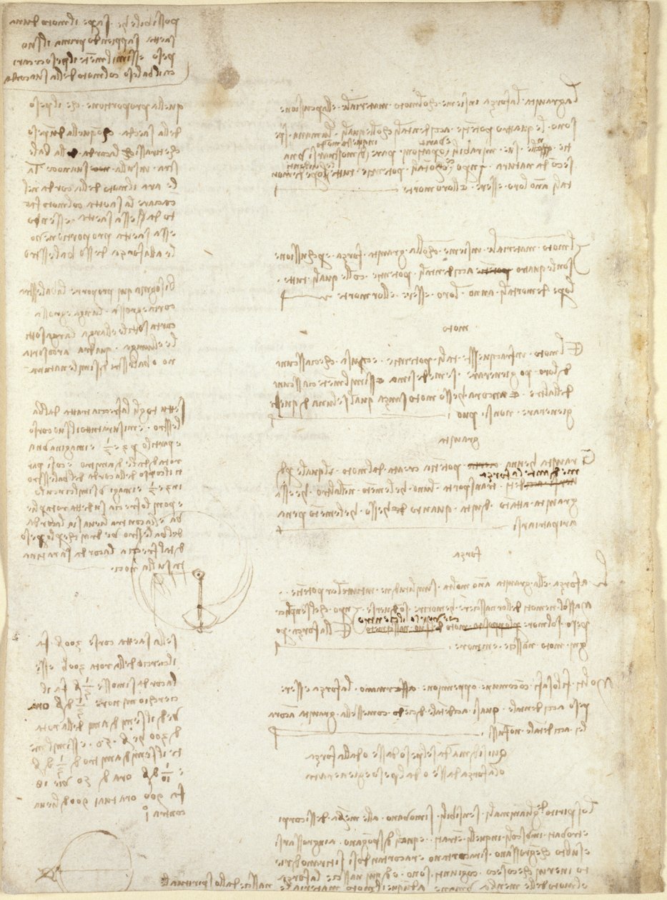 Arundel 263，f.151v，"Codex Arundel "中的注释和粗略图表（纸张上的钢笔和墨水） 作者 达芬奇（Leonardo da Vinci）